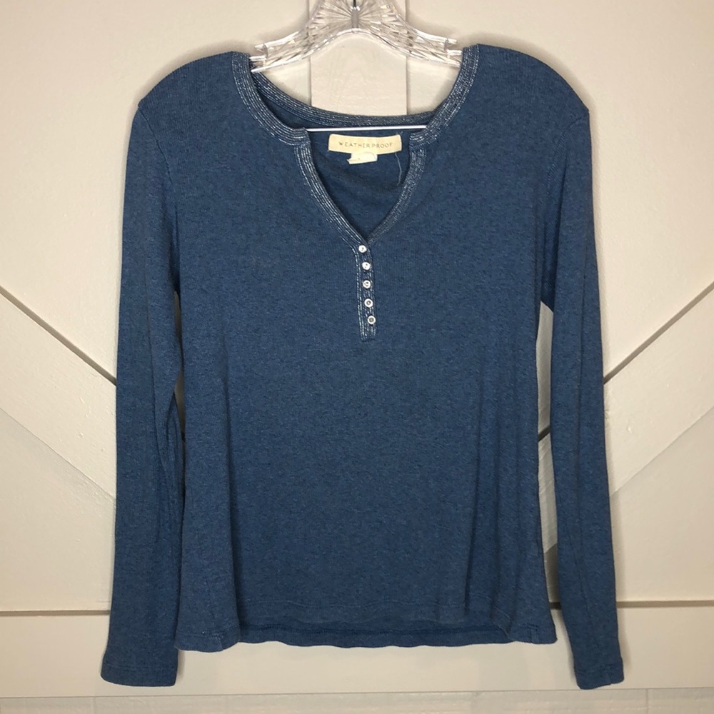 Y2K 90s Boho Thermal Henley V Neck Long Sleeve Top Metallic Thread Accents Shirt